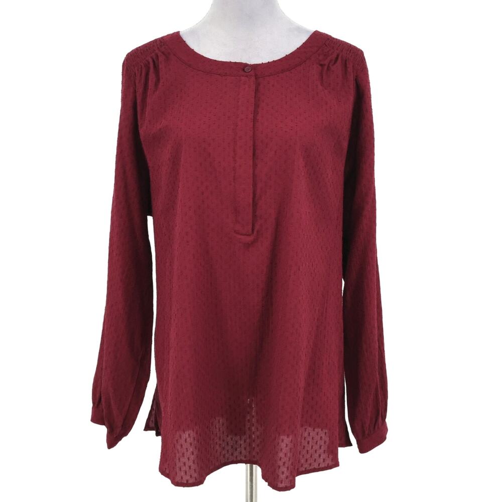 Lane Bryant Top Womens 14 Burgundy Swiss Dot Cotton Henley Blouse Career New
